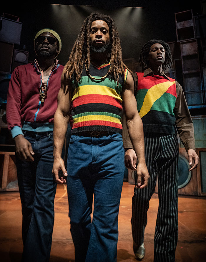 Micheal Duke as Bob Marley, Natey Jones as Peter Tosh, Jacade Simpson as Bunny Wailer - photo by Craig Sugden